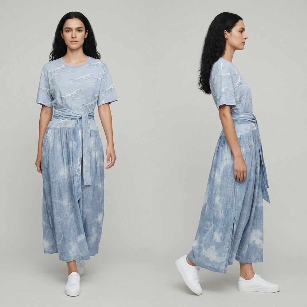 Upcycled Cotton‑and‑Linen Dress with Hokusai Print – One of a Kind